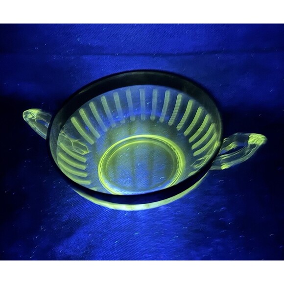 1930s Serving Bowl & Mayonnaise Spoon Silver Rim Art Deco Depression Glass UV - Picture 2 of 15